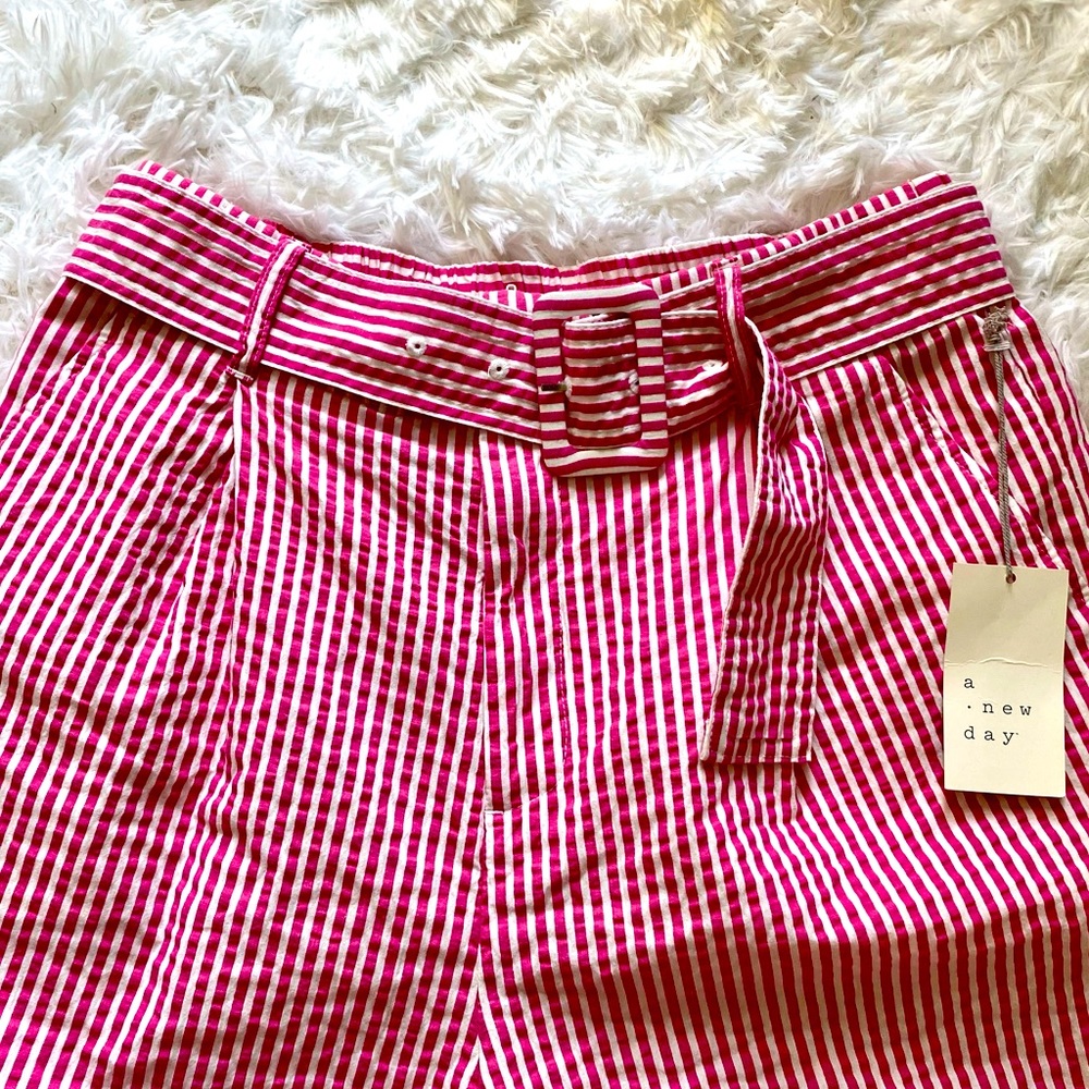 PINK WHITE STRIPED BELTED HIGH RISE SHORTS W/ POCKETS - Picture 7 of 11
